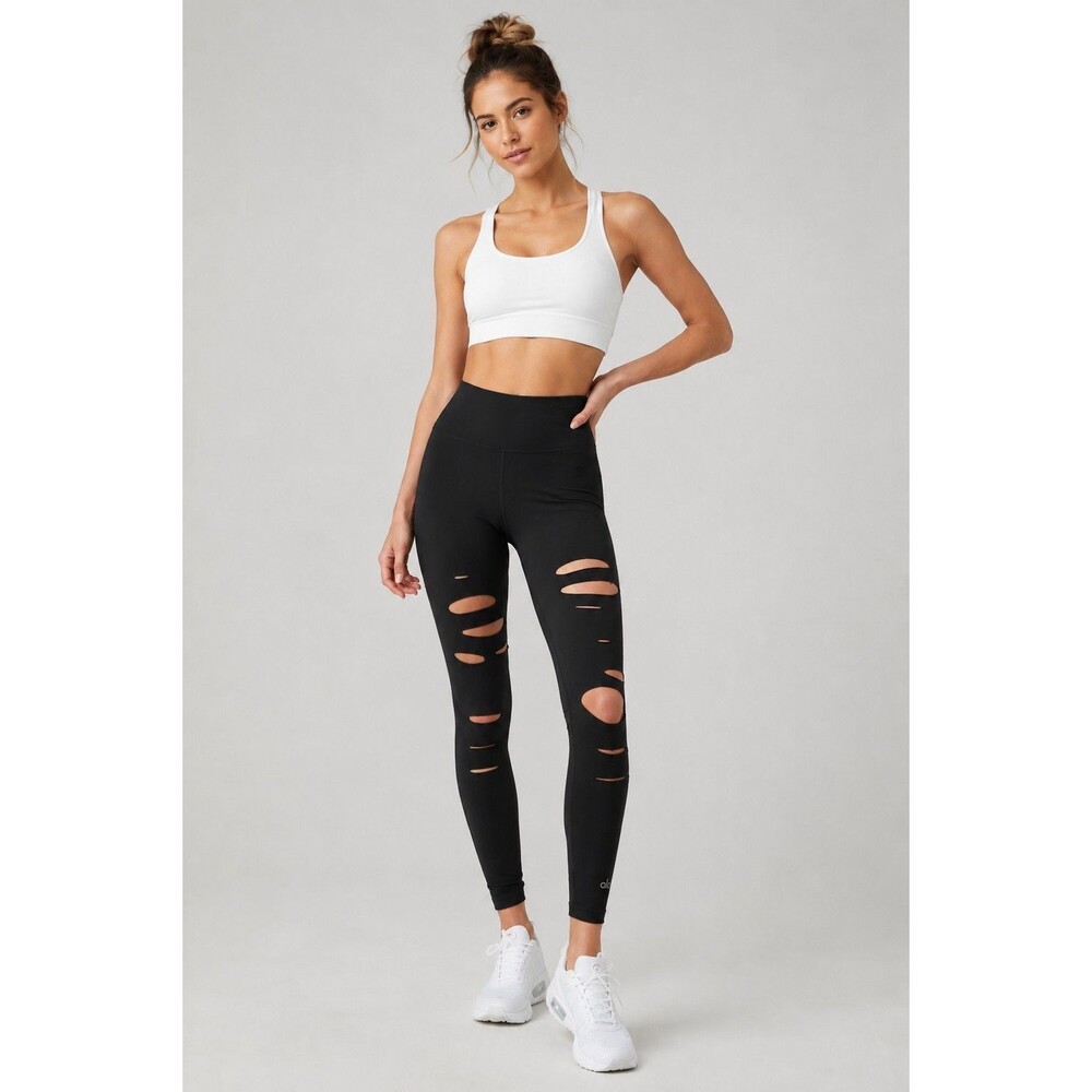 ALO Yoga Ripped Warrior Leggings Womens M Black High Rise Distressed Cutout Yoga